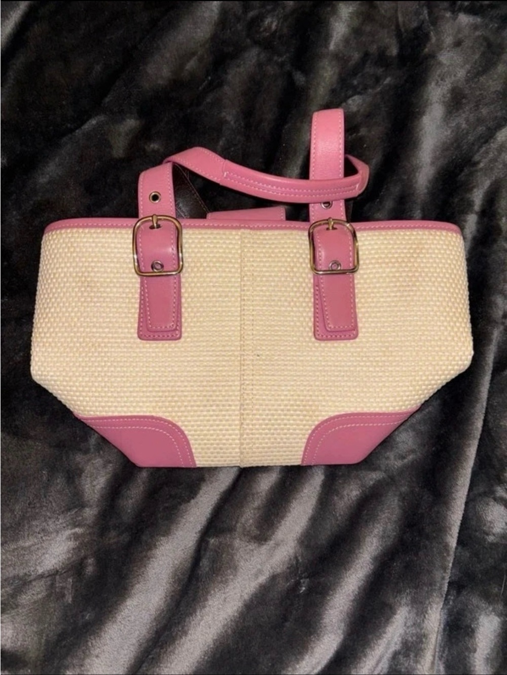 Coach Cream Woven Tote with Pink Leather Trim